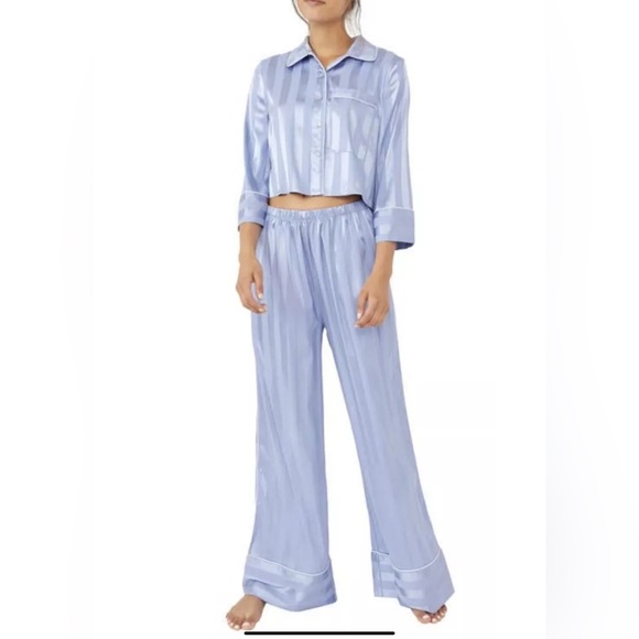 Free People Pajama Party Womens XL Blue Set Top Bottom Crop NWOT - Picture 2 of 8